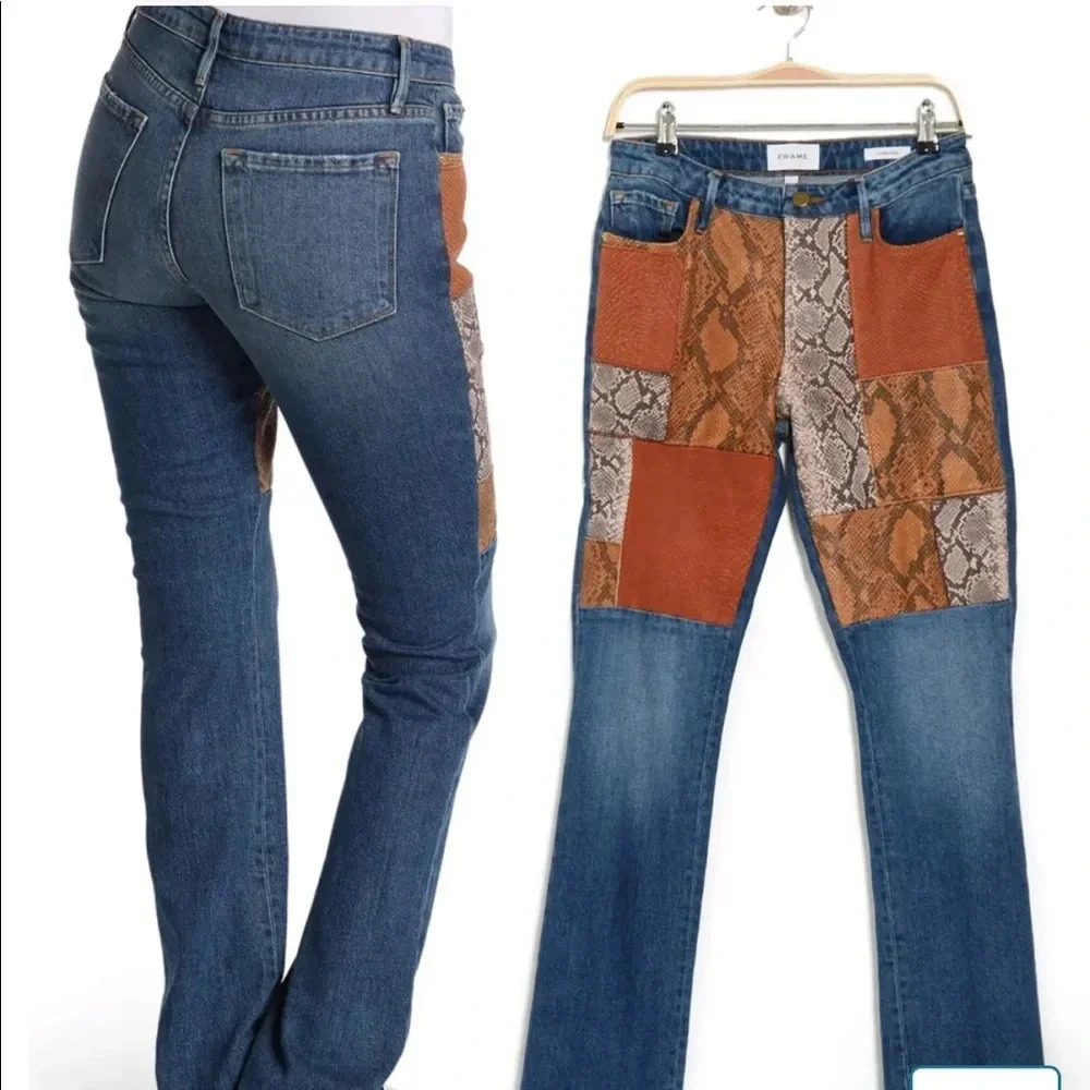 NWT FRAME LE MINI BOOTCUT LEATHER PATCHWORK JEANS… - image 2